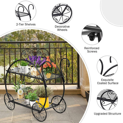 Giantex Garden Cart Metal Plant Stand with 4 Decorative Wheels, Succulent Collection Flower Pot Holder Display Shelf for Home Patio Garden Flower Shop, Parisian Style Plant Potted Rack (2-Tier)