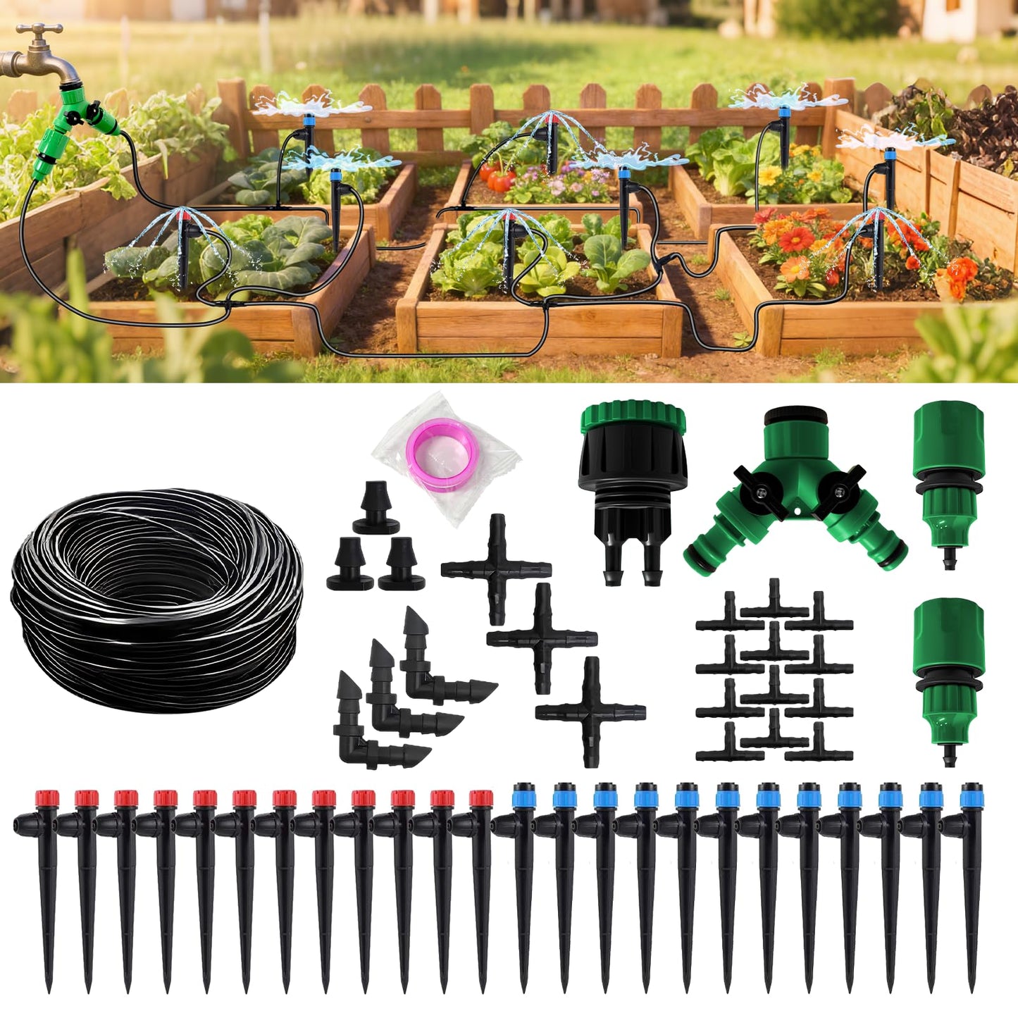 IKKAB Automatic Drip Irrigation System for Garden, 65ft Garden Watering System with 1/4" Tubing & Sprinklers, Drip Irrigation Kit for Outdoor Plants, Raised Beds, Greenhouse,Patio