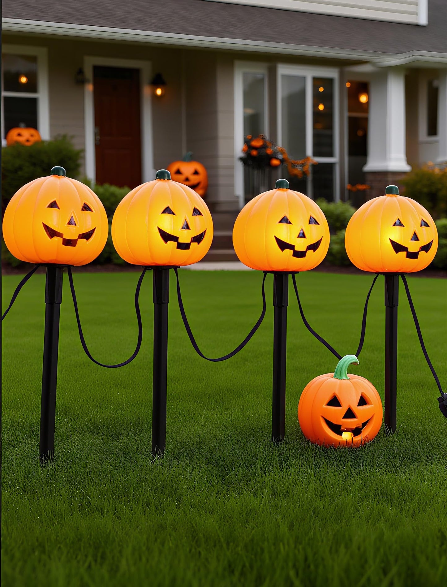 4 Pack Halloween Pumpkin Pathway Marker Lights with C7 Clear Bulbs, 7Ft Pumpkin Night Light with 4 Stakes, Extendable Waterproof Pathway Decor for Yard Porch Lawn Pathway Garden Chirstmas
