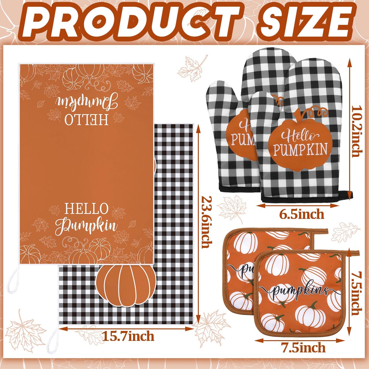 Leinuosen 6 Pack Fall Thanksgiving Kitchen Set with 2 Hello Pumpkin Dish Towels, 2 Pot Holders and 2 Buffalo Plaid Oven Mitts for Gifting, Baking and Cooking