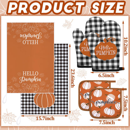 Leinuosen 6 Pack Fall Thanksgiving Kitchen Set with 2 Hello Pumpkin Dish Towels, 2 Pot Holders and 2 Buffalo Plaid Oven Mitts for Gifting, Baking and Cooking