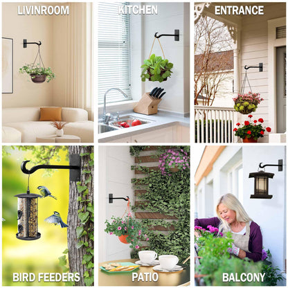Qiang Ni Bird Feeder Hanger: 8-Inch Wall-Mounted Plant Bracket Outdoor - 2 Pieces Black Plant Hooks for Hanging Flower Baskets