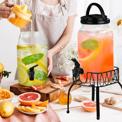 Tanlade 2 Pcs Plastic Drink Dispenser with Stand Beverage Dispenser with Sturdy Metal Base Juice Jar for Parties Lemonade Jar Spigot for Weddings Countertop Water, Each 1 Gallon(Black)