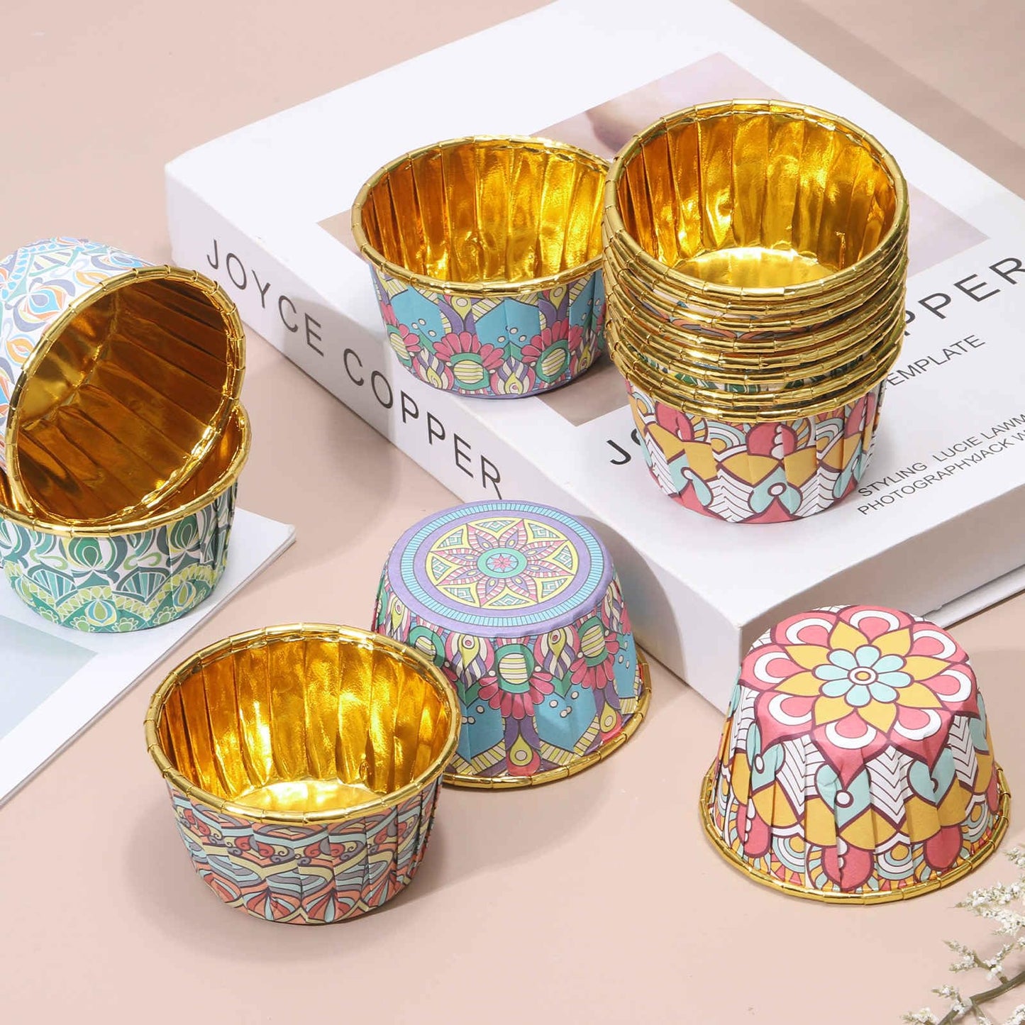 HARFINGTON 50 Pcs Cupcake Baking Liners 3.5 oz Foil Cupcake Liners Gold Little Baking Cups Bohemian Style for Birthday Party Wedding Festival, Blue/Pink