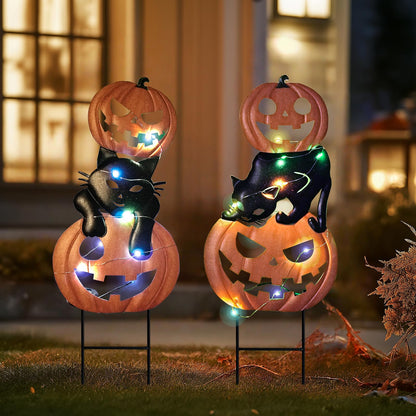 HONGLAND Halloween Decorations Solar Lights, 2 Pack Outdoor Waterproof Metal Pumpkin Stake with Black Cat Jack-o-Lantern for Yard, Garden, Pathway