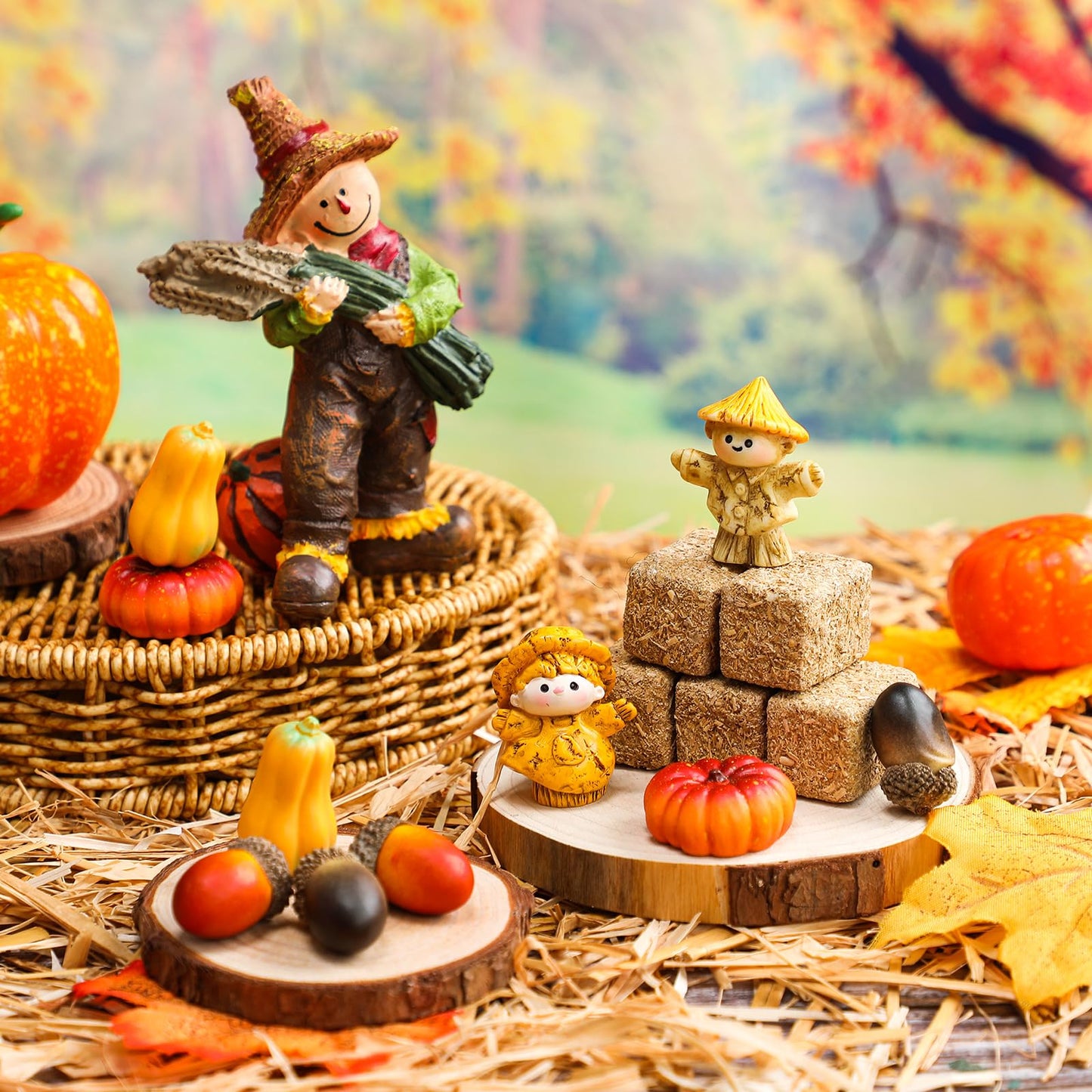 Arrowbash Fall Village Accessories Mini Hay Bales Set Fall Miniature Figurines with Acorns Pumpkins Scarecrow Simulation Farm for Dollhouse Farmhouse Autumn Harvest Thanksgiving Tabletop Decor