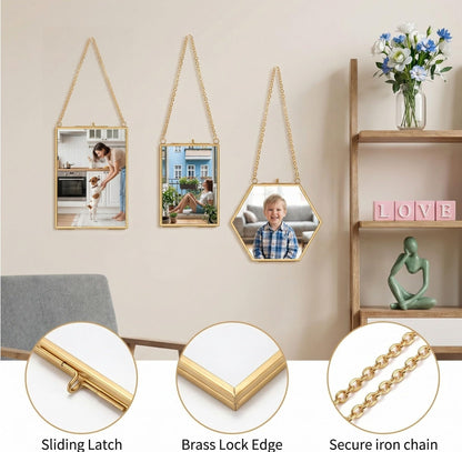 AVLA 3 Pack Pressed Flowers Glass Frames, Brass Hanging Picture Frames with Chain, Small Golden Floating Photo Frame, Clear DIY Artwork Display Frame for Wall Decor, Dried Plant Specimen