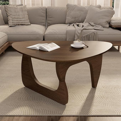 Modern Wood Coffee Table, Triangle Center Table with Premium Wooden Top& Unique Base, 35.5” Small Mid Century Tea Tables for Living Room, Apartment, Office,Walnut