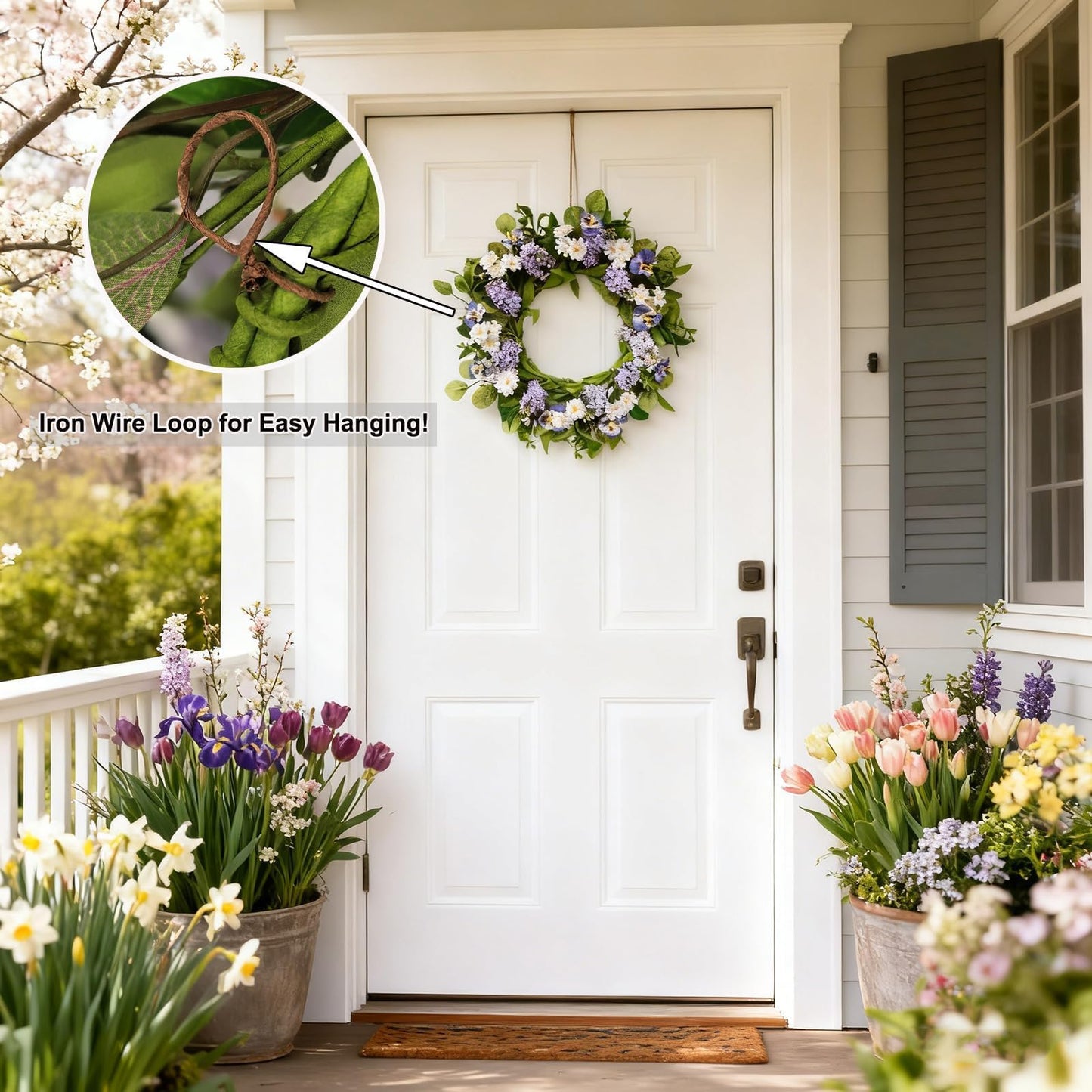 Zkieire 20 Inch Purple Artificial Lilac Daisy Pansy Wreath - Floral Wreath with Greenery for Front Door Wall Window, Spring Summer Indoor Outdoor Decor