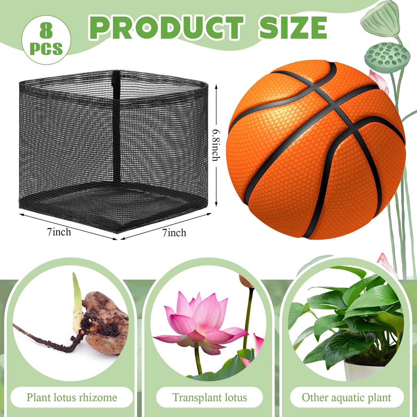 Beeveer 8 Pcs Pond Plant Baskets, Square Reusable Aquatic Planting Bags Breathable Mesh Garden Water Plant Pot for Water Lily Gladiolus Bog and Terrestrial Plants (7 Inch,Square)