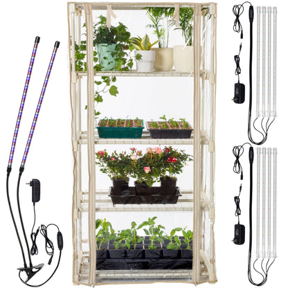 Carpathen Indoor Greenhouse with 8 LED Lights Strip + 1 Gooseneck Plant Lamp Clip-on - Mini Greenhouse with Zip PVC Cove