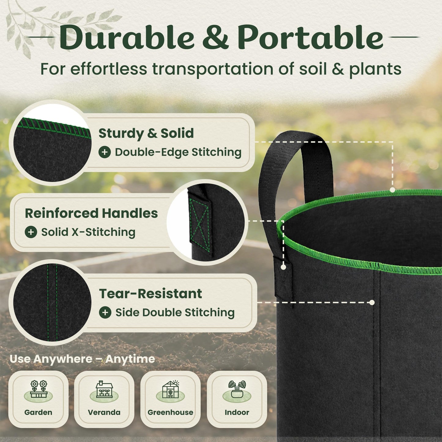 Mabel's Gardening 5-Pack 15 Gallon Grow Bags - Garden Planting Bags 17.7 x 14.2 INCH Made of 8.85 oz/yd² (300g/m²) Felt & Fleece Fabric Plant Pot, Plant Bag, Grow Bag for Pumpkin Potato Tomato