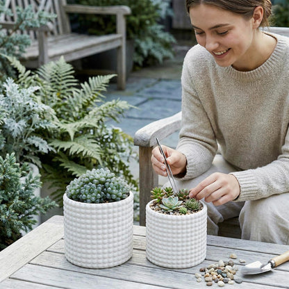 MyGift 6 Inch Ceramic Round Planter Pot, Set of 2 Vintage-Style White Ceramic Flower Pots, Indoor Hobnail Textured Cylindrical Succulent Plant Containers