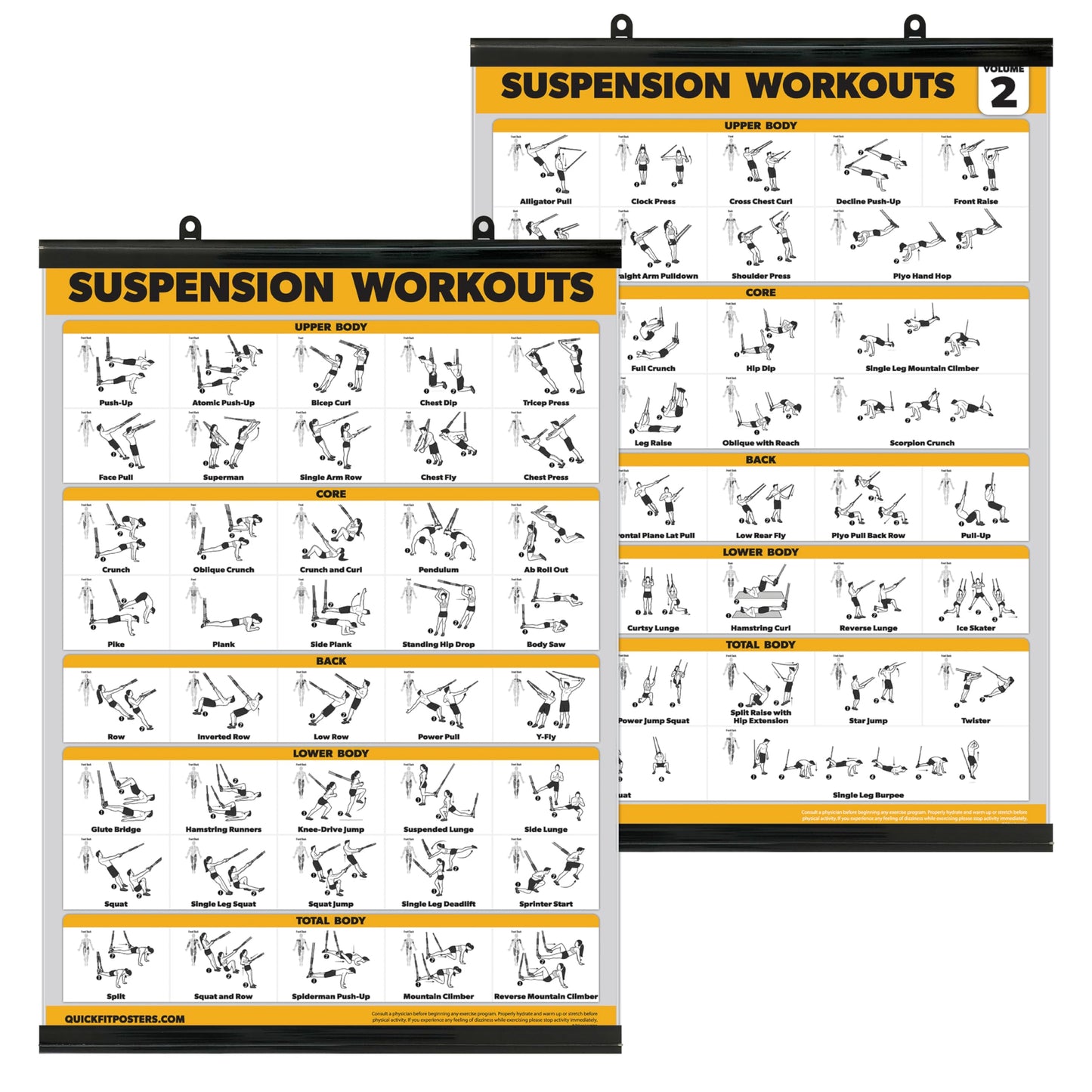 Palace Learning 2 Pack Suspension Workout Posters - Volume 1 & 2 - LAMINATED WITH PLASTIC FRAME Exercise Charts - 18" x 24" Vol. 1 & 2