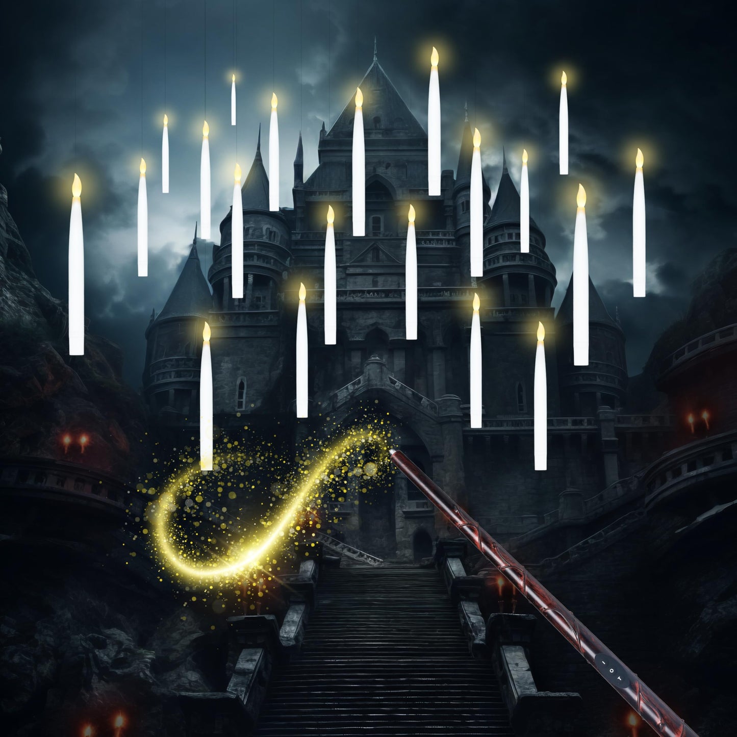 JOYIN 20Pcs Halloween Floating Candles with Wand Remote Flickering Warm Light Taper Magic Hanging Candles with 2 Light Mode and Timer Flameless LED Candle for Halloween Window Decorations Party Gift