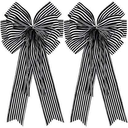 Hongsome 2 Pack Black White Stripe Halloween Fall Bows for Wreaths,12”x20”Black and White Christmas Decorations Bow for Tree Topper Gothic Spooky Holiday Birthday Party Wall Home Front Door