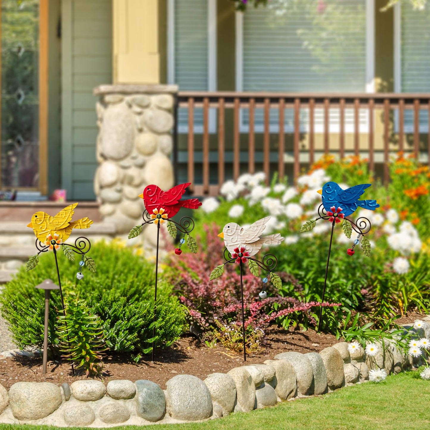 WKHOMEDECO 4 Pack Decorative Garden Stakes - 14.2" Metal Flowers for Outside & Metal Yard Art Outdoor and Garden, Rust-Resistant Shaking-Head Bird Lawn Ornaments for Patio - Gift for Gardeners