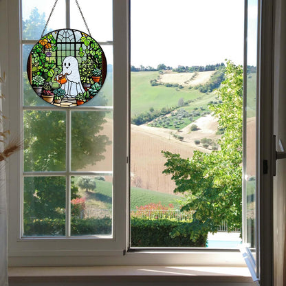 RVEAFA Ghost Garden Sun Catcher Stained Glass Window Hanging Plant Lovers Gifts for Women Wall Decor Handmade SunCatcher Decoration for Garden Home Plant Greenhouse Decor, 7.87inch