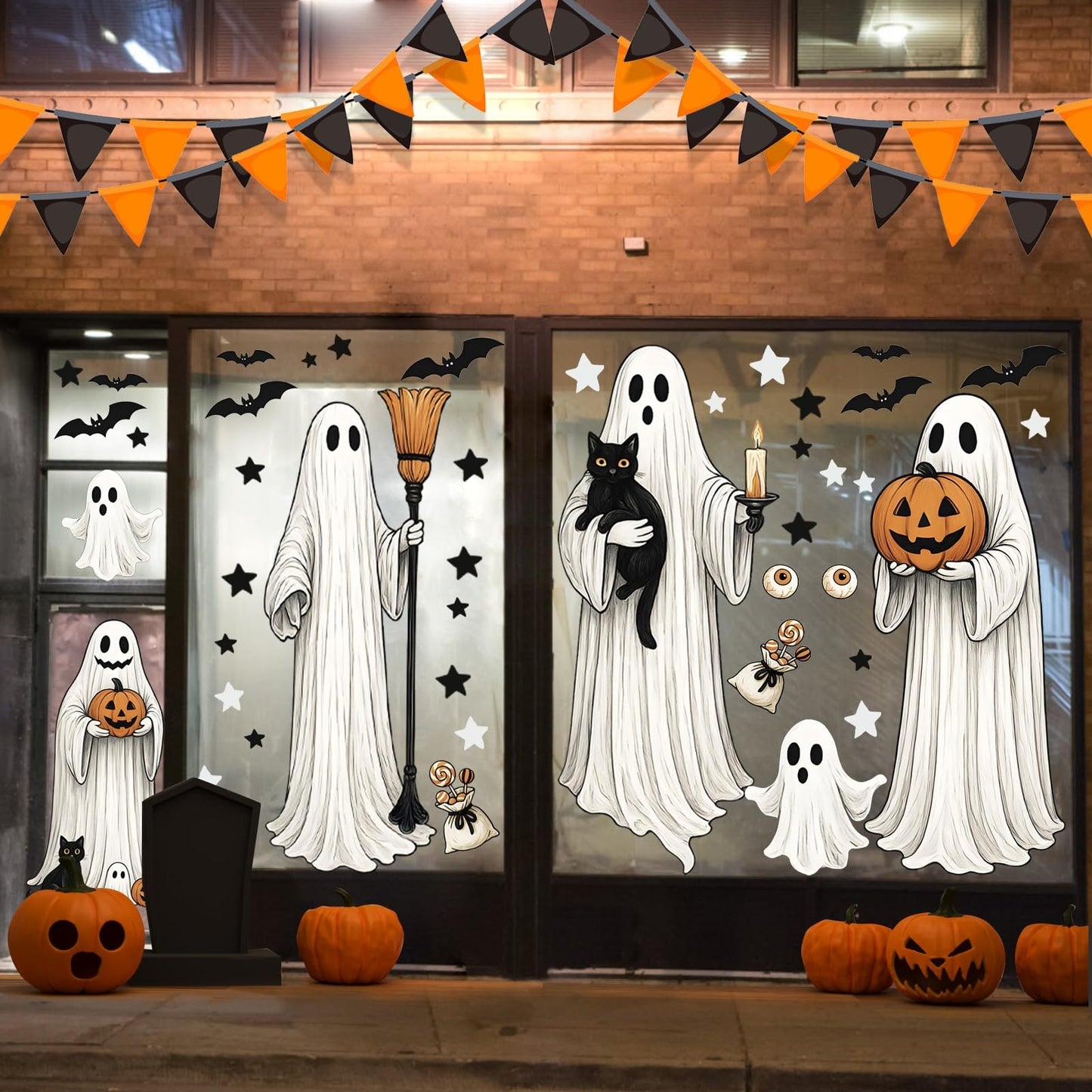 AhfuLife Large Halloween Ghost Window Clings Decorations, 12.6 x 35.4 inc, 4 Sheets Big Spooky Ghost Window Stickers Double Side Reusable Decals for Halloween Home Party Indoor Decorations