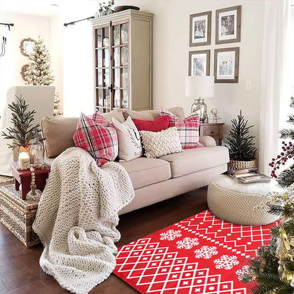 4' x 6' Christmas Area Rug Red Snowflake Pattern Washable Indoor Carpet Holiday Decor for Entryway Bedroom Kitchen Living Room Soft Low Pile Winter Floor Mat Home Accent Rug