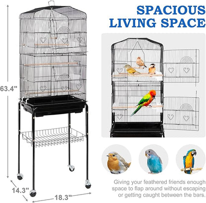 SUPER DEAL 59.3 Rolling Bird Cage Large Wrought Iron Cage for Cockatiel Sun Conure Parakeet Finch Budgie Lovebird Canary Medium Pet House with Rolling Stand & Storage Shelf