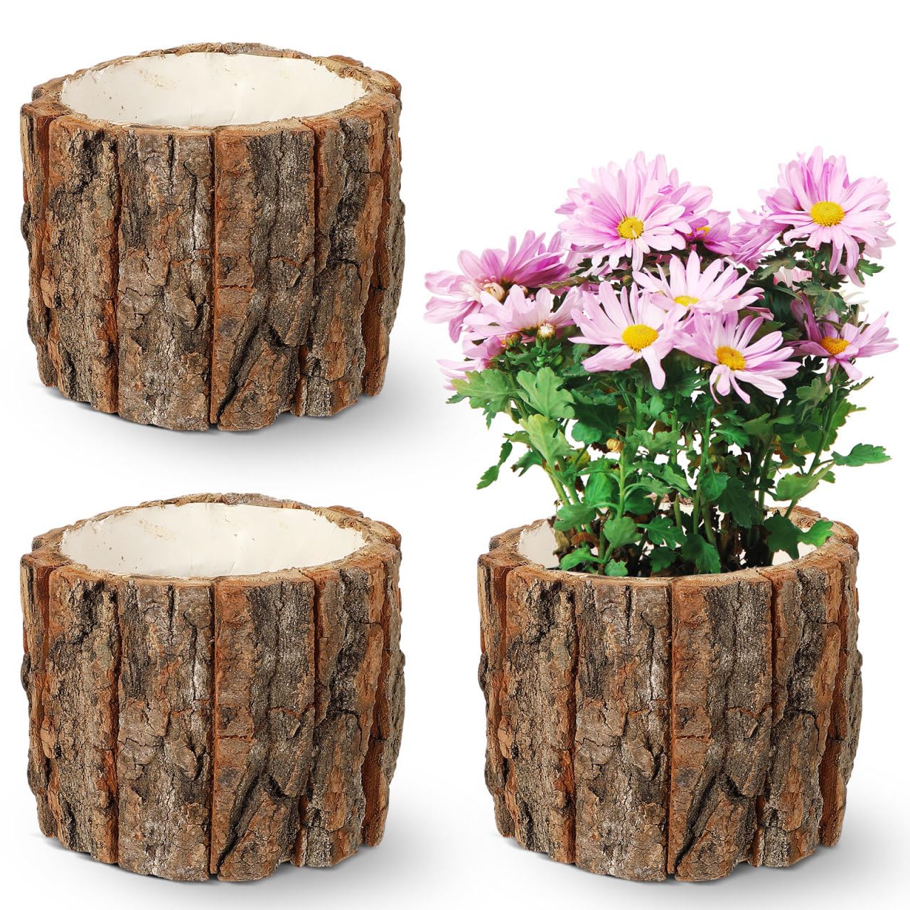 Toddmomy 3 Pcs Wood Flower Pots Natural Bark Planters Rustic Wooden Buckets for Indoor Outdoor Plant Pots Home Garden Decor 4.72X4.72X3.93In