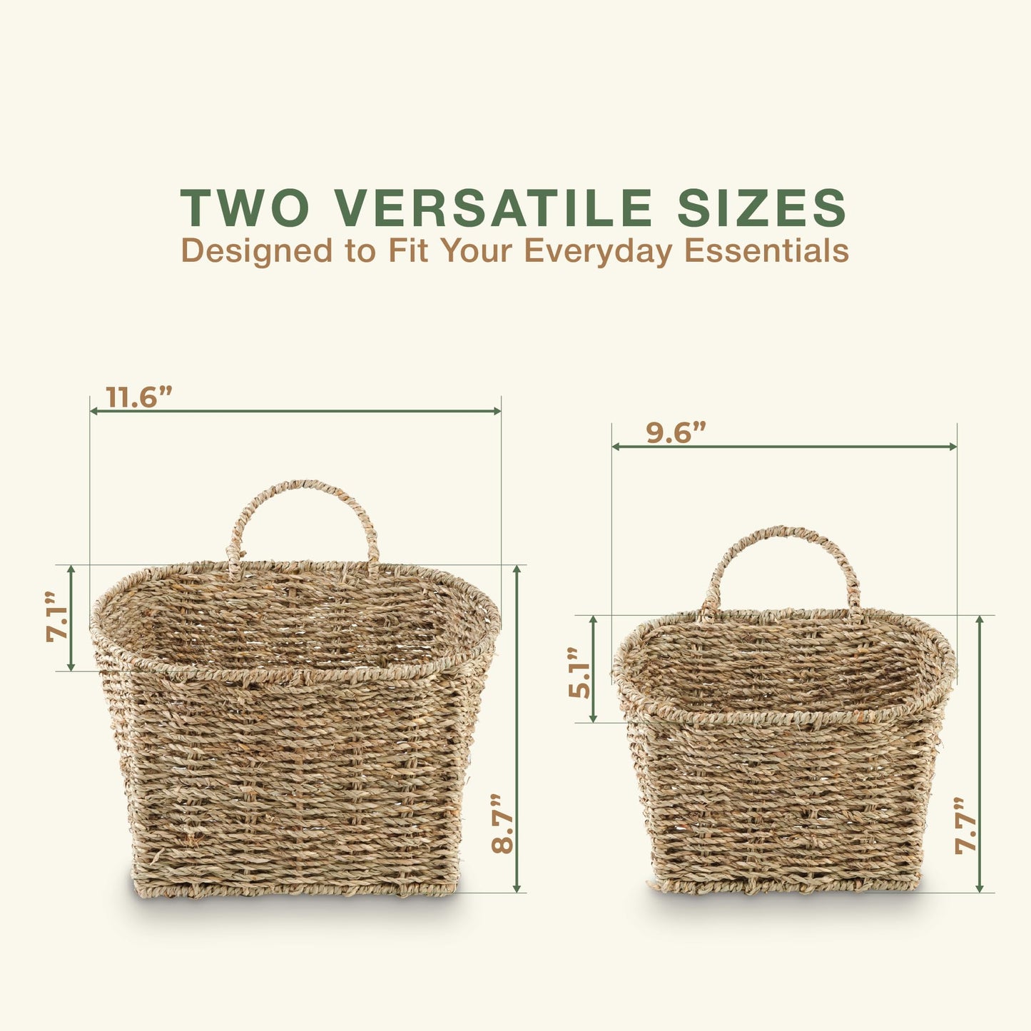 Set of 2 Wicker Hanging Basket for Organizing, Front Door, Mail, Flowers - Woven Wall Baskets for Storage (Seagrass)