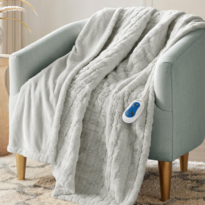 Beautyrest Zuri Reversible Faux Fur to Mink Electric Blanket, Auto Shut Off, Virtually Zero EMF, Multi Heat Setting, UL Certified, Machine Washable, Natural Marble Throw 50x70