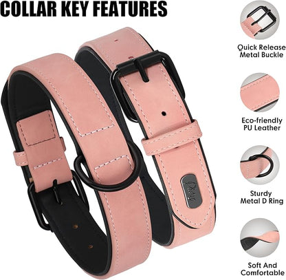 Didog Soft Padded PU Leather Dog Collar, Breathable and Adjustable Pink Dog Collars for Medium Dogs, Comfortable for Daily Walk, Pink, L Fit Neck 14-18"(22-44 lbs)