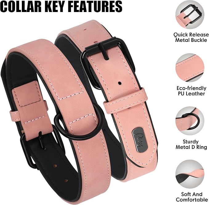 Didog Soft Padded PU Leather Dog Collar, Breathable and Adjustable Pink Dog Collar for Large Dogs, Comfortable for Daily Walk Pink, XL Fit Neck 18-22"(45-71 lbs)