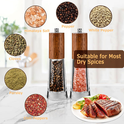 Salt and Pepper Grinder Set, Acrylic Pepper Mill with Adjustable Coarseness Wooden Pepper Grinder, Manual Salt Shake Refillable for Kitchen, Pack of 2 (Dark Wood)