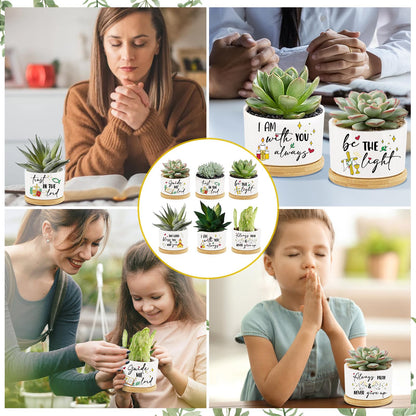 Tarklanda 6Pcs Christian Gifts Plant Pot, Bible Verse Succulent Pots Mini Ceramic Flower Planters Pot with Bamboo Tray Thank You Religious Gift for Mother Teacher, Plant Not Included