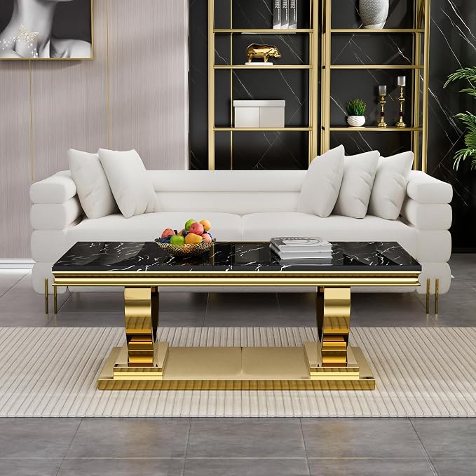 1 Piece Living Room Coffee Table Luxury Faux Marble Center Table, Modern Black Gold Coffee Table with Double O Shape Stainless Steel Pedestal Base,1 Table Only