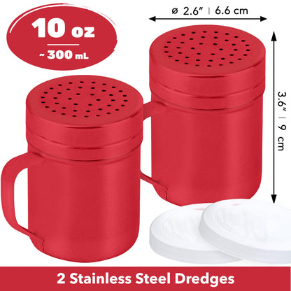 CUSINIUM 10oz Red Stainless Steel Salt Pepper Dredge Shakers - With Plastic Cap - With Handle - Pack of 2