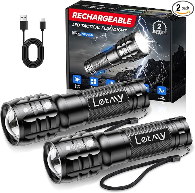 LETMY 2 Pack Rechargeable Flashlights High Lumens, 3 Modes Bright Small Flashlight for Home Tactical Flashlights Rechargeable, Zoomable LED Flashlights Waterproof for Outdoor,Camping Emergency