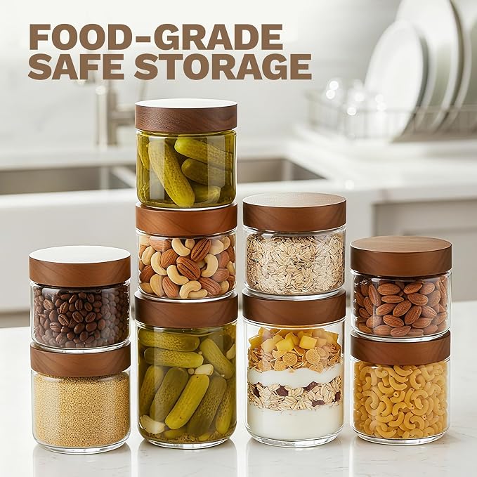 Bumobum 16 oz Overnight Oats Containers with Lids, Glass Mason Jars with Acacia Wood Airtight Lid, Wide Mouth Glass Canisters for Food Storage Chia Pudding Snacks Yogurt Spice Meal Prep, 6-Pack