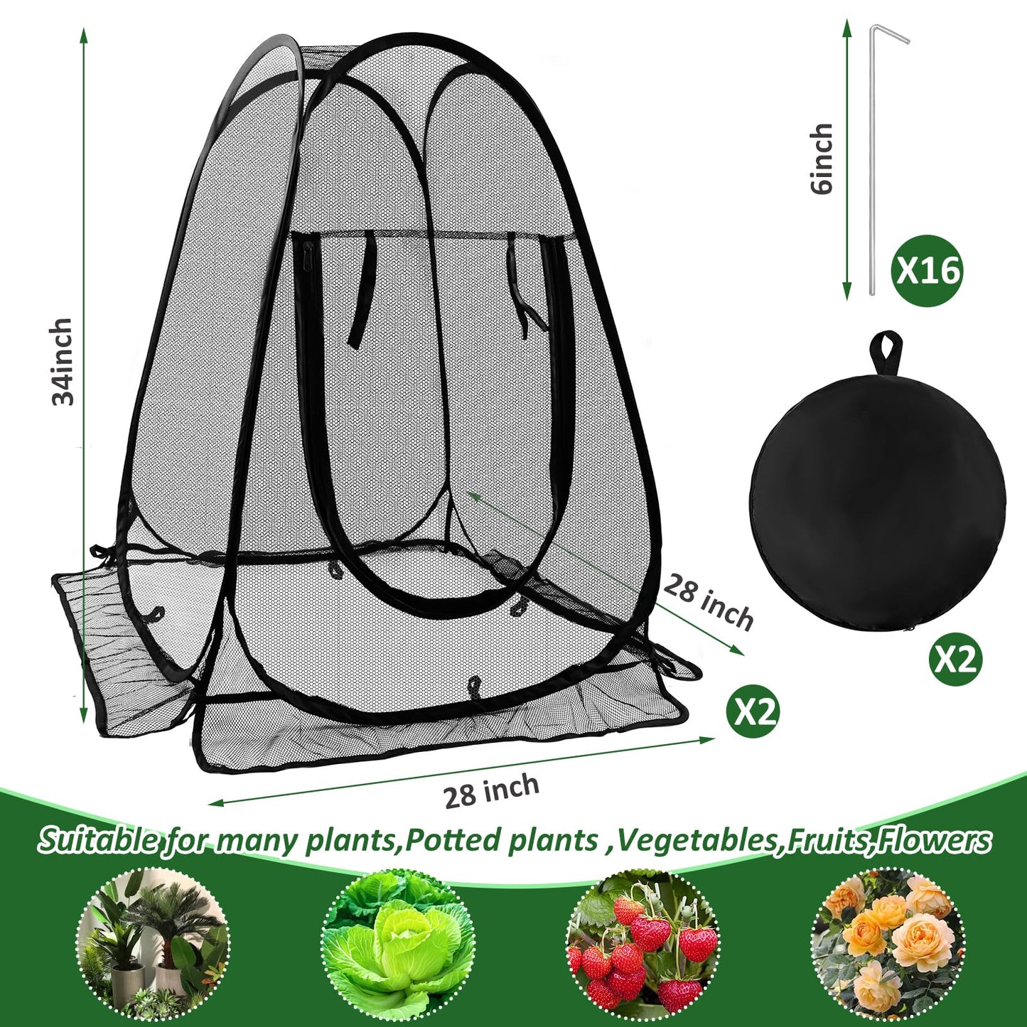 2pcs Pop Up Mesh Plant Protectors from Animals,Large Plant Netting Guard Cover with 8 Stake Crop Cage Fine Mesh Plant Tents for Protect Flower Tomato Vegetable from Deer Cat Bird Squirrel, 28x28x34 In