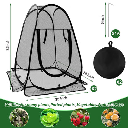 2pcs Pop Up Mesh Plant Protectors from Animals,Large Plant Netting Guard Cover with 8 Stake Crop Cage Fine Mesh Plant Tents for Protect Flower Tomato Vegetable from Deer Cat Bird Squirrel, 28x28x34 In