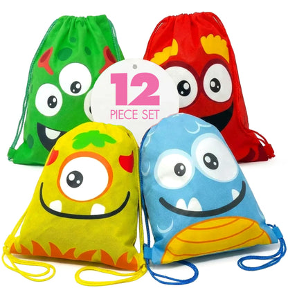 Podzly Drawstring Bags Bulk 12 Pack – Monster Themed Drawstring Backpack Bulk – 12" x 15" Washable Polyester Cinch Sackpack – Kids Party Favor Goody Bags for Halloween, Birthday, Dulceros Fiestas