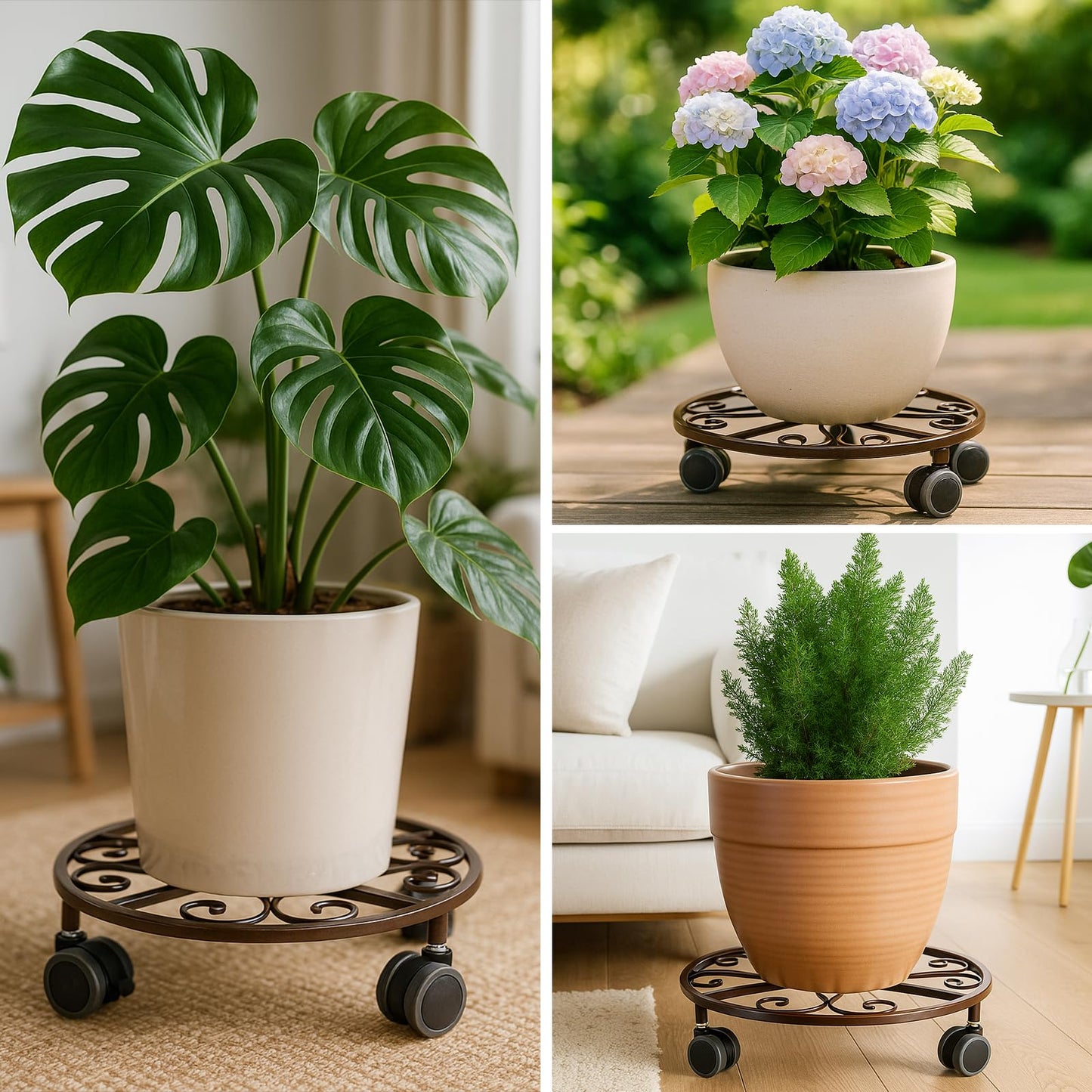3 Pack Plant Caddy with Wheels Heavy Duty 13.5 Inches Metal Plant Stand with Wheels Plant Dolly Rolling Plant Stand Plant Roller with Casters for Indoor and Outdoor, Bronze