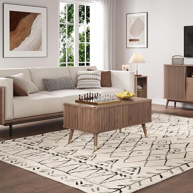 Lift Top Coffee Table with Storage, Mid Century Modern Coffee Table with Solid Wood Legs, 38" Minimalist Fluted Center Table for Living Room, Home Office, Walnut