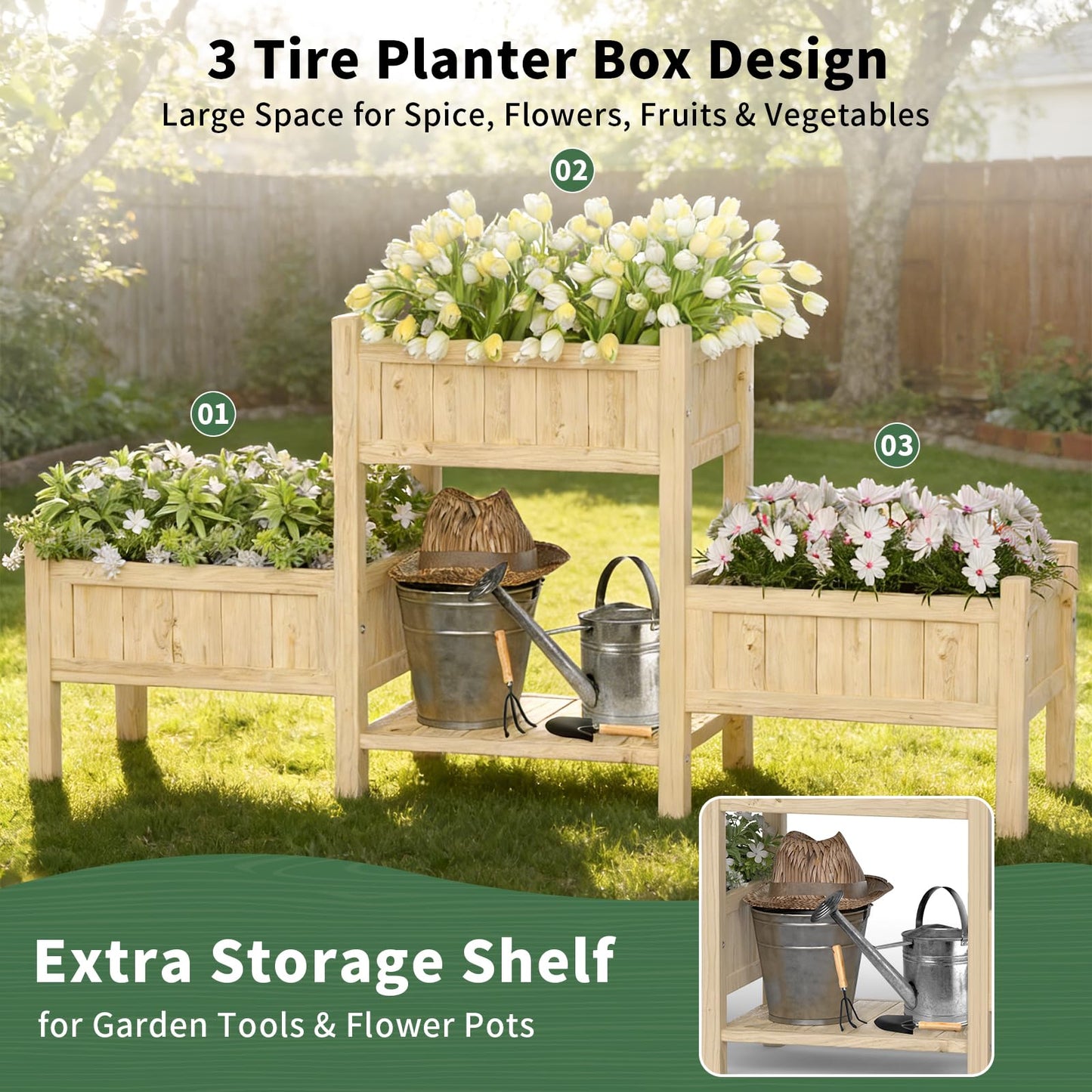 Mashomdec Extra Large Wooden Raised Garden Bed with Legs & Storage Shelf 3 Tier Outdoor Elevated Planter Box for Patios/Herbs/Flowers/Vegetables, Easy Assembly, Natural