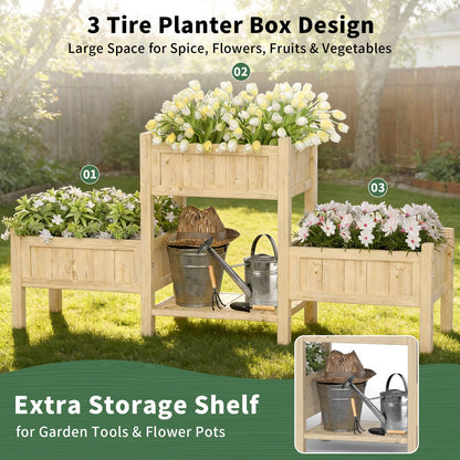 Mashomdec Extra Large Wooden Raised Garden Bed with Legs & Storage Shelf 3 Tier Outdoor Elevated Planter Box for Patios/Herbs/Flowers/Vegetables, Easy Assembly, Natural