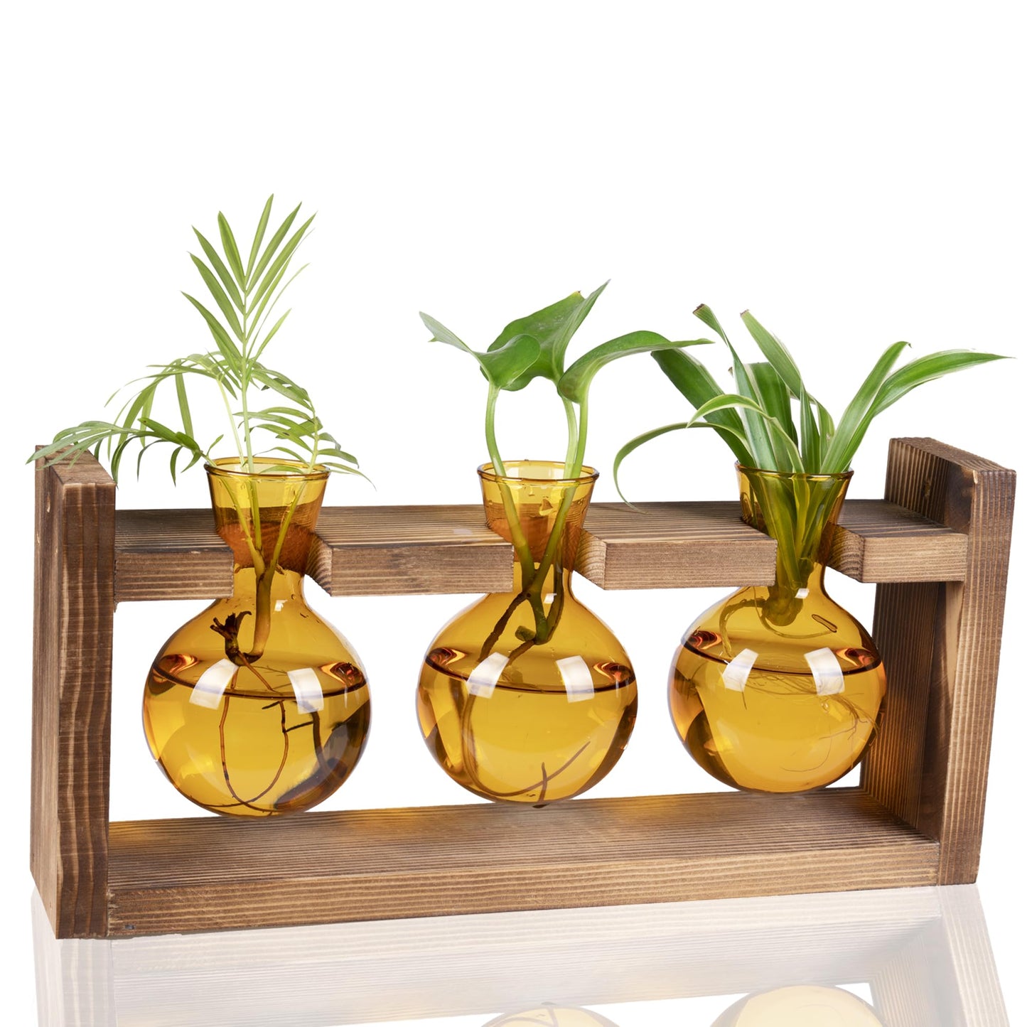 Kingbuy Plant Terrarium with Wooden Stand, Glass Planter Desktop Propagation 3 Bulb Vase Metal Holder Retro Rack for Hydropoincs Plants Home Office Decor, Brown
