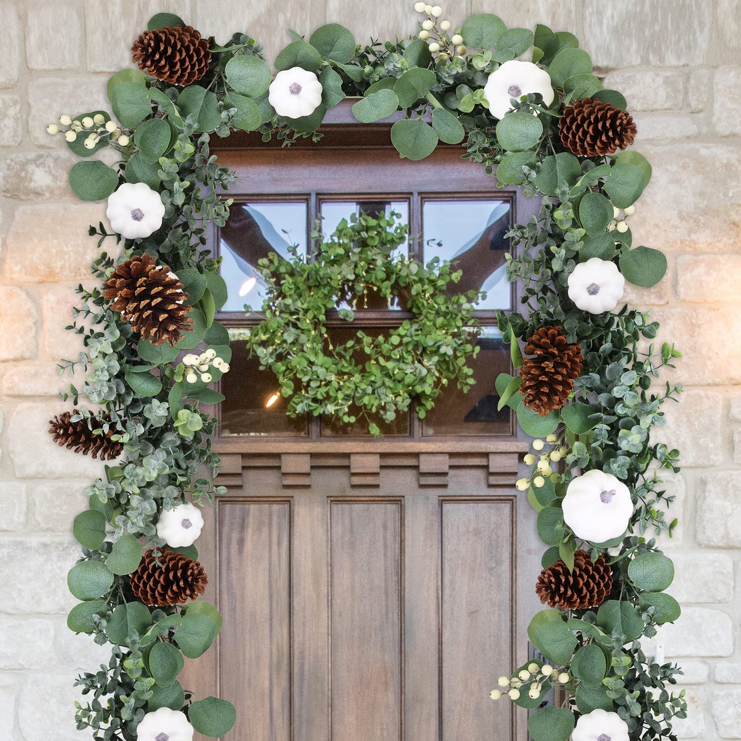 Winlyn Fall White Pumpkin Artificial Eucalyptus Garland with Pumpkins Pinecones Berries - Fall Decor, 5.9' L - Farmhouse Wedding Arch Backdrop, Thanksgiving Mantel, Table Runner, Centerpiece