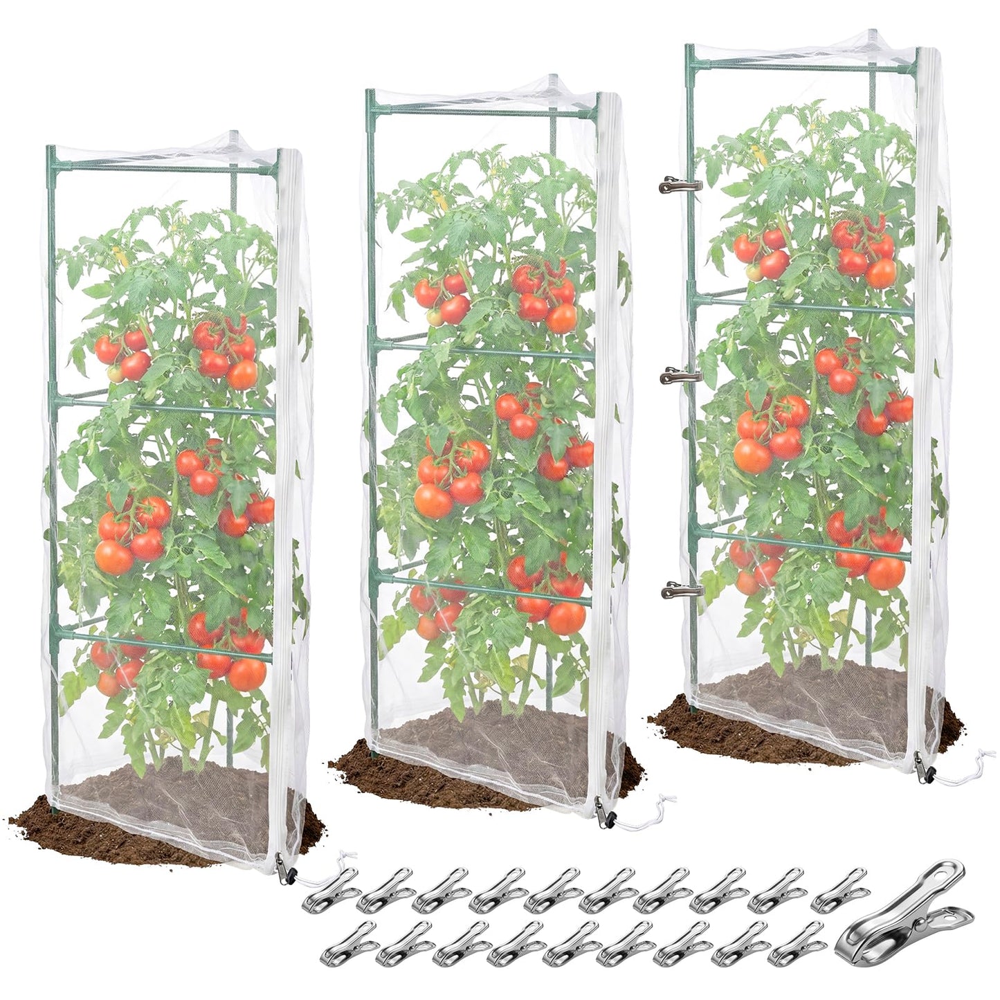 3Pcs Garden Bird Netting Plant Cover for Tomato Cage, 67" x 17.7" Insect Bird Barrier Tomato Cage Net with Zipper, Tomato Trellis Plant Netting Cover for Square Tomatoes Cages Plants Garden Protection