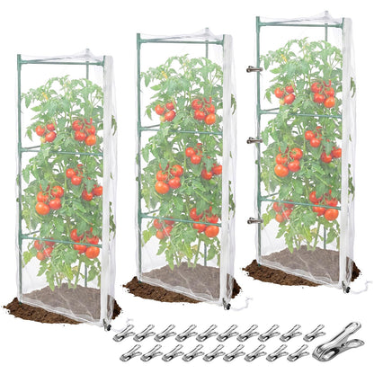 3Pcs Garden Bird Netting Plant Cover for Tomato Cage, 67" x 17.7" Insect Bird Barrier Tomato Cage Net with Zipper, Tomato Trellis Plant Netting Cover for Square Tomatoes Cages Plants Garden Protection