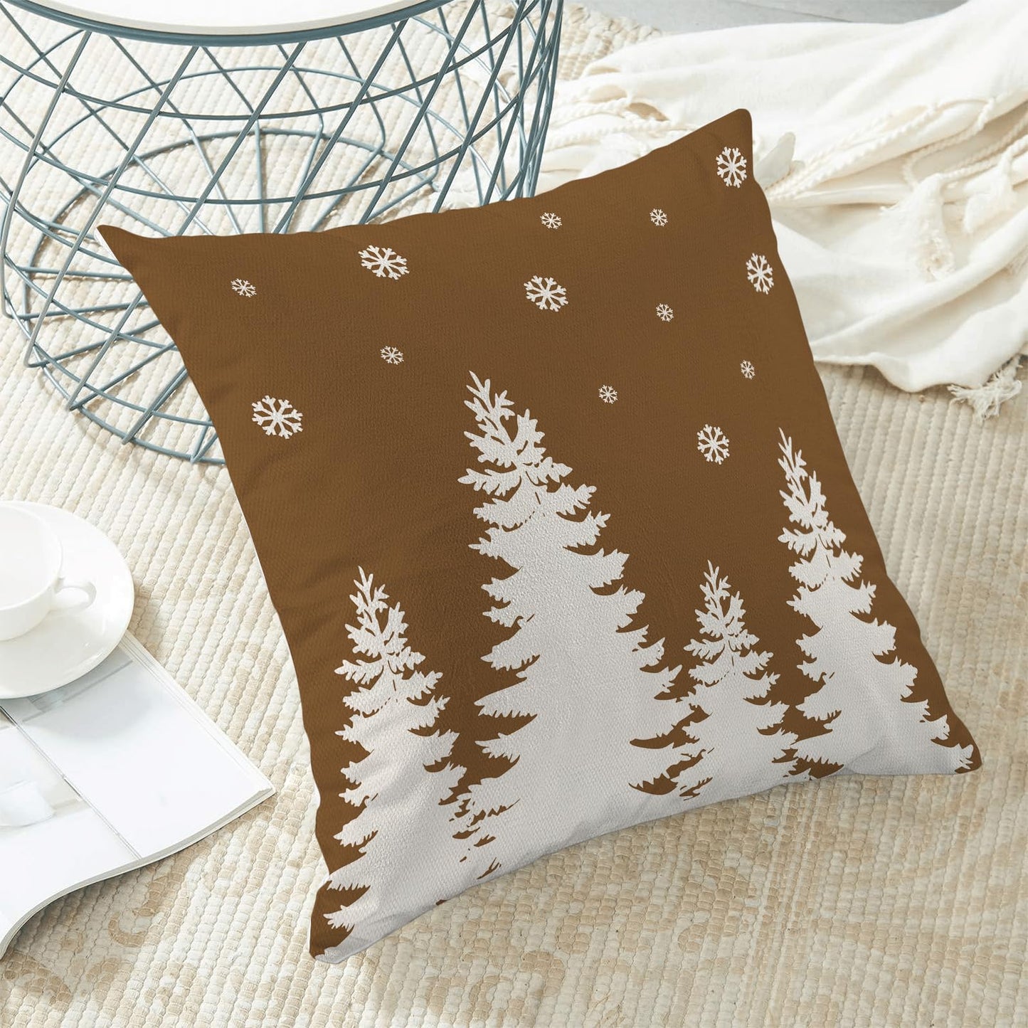 CXMEIFLY Christmas Pillow Covers 18x18 Inch Set of 2 Brown Cream Christmas Tree Snowflakes Decor Throw Pillows Winter Xmas Holiday Outdoor Cushion Cases for Couch Bed Decorations