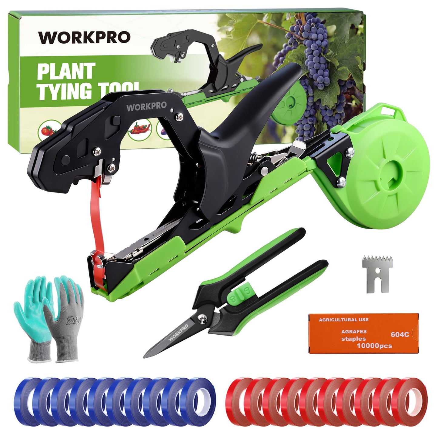 WORKPRO Plant Tying Machine with 6" Scissors, Lightweight Tape Gun for Tying Vines and Support Plant, Includes Gloves, 20 Rolls of Tape, 10000 Staples, Ideal for Tomatoes, Grapes, Cucumber, Vegetables
