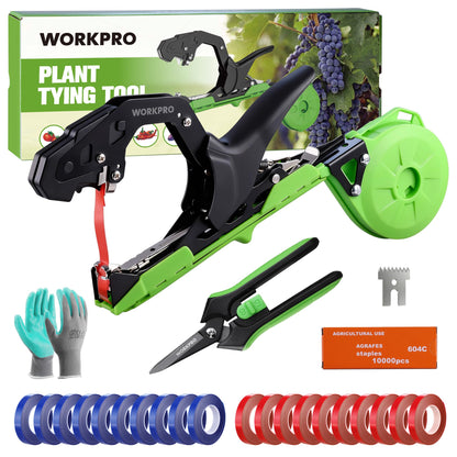 WORKPRO Plant Tying Machine with 6" Scissors, Lightweight Tape Gun for Tying Vines and Support Plant, Includes Gloves, 20 Rolls of Tape, 10000 Staples, Ideal for Tomatoes, Grapes, Cucumber, Vegetables
